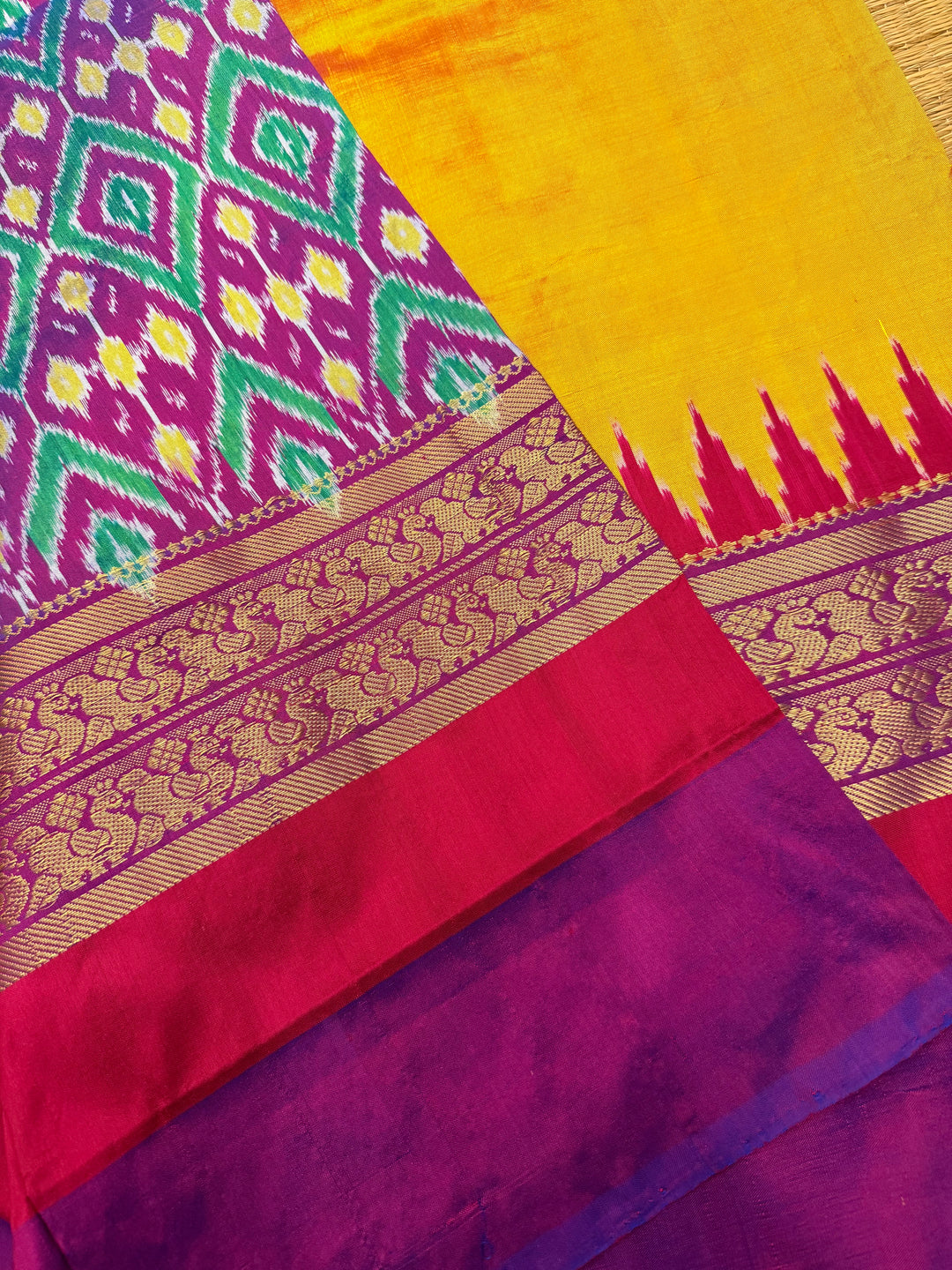 Dark Yellow , Ganga Jamuna Kanchi rich border and Ikkat Pallu with designer Ikkat  printed Blouse , Pochampally Pure Silk Saree