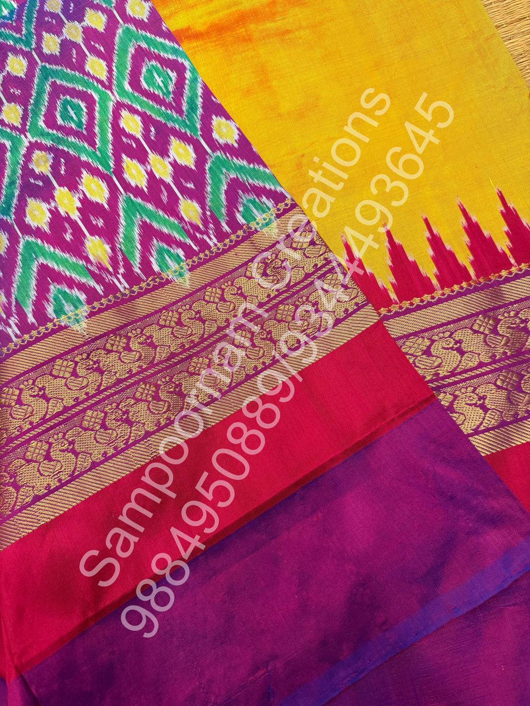 Dark Yellow , Ganga Jamuna Kanchi rich border and Ikkat Pallu with designer Ikkat  printed Blouse , Pochampally Pure Silk Saree