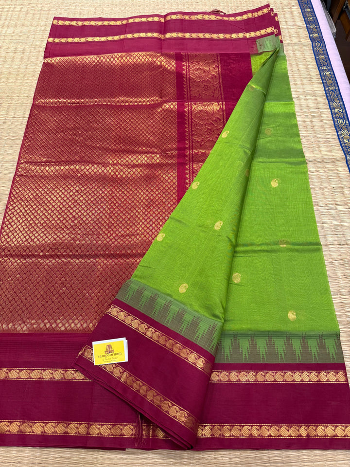 Green with Araku , mango butta in the body , retttapet traditional temple border and rich Pallu Korvai Silk Cotton Saree