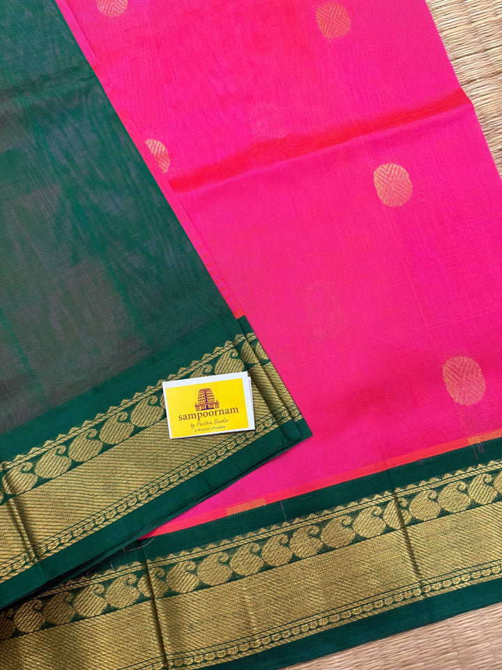 Magenta with Green rich body butta , traditional borders and rich  Pallu Korvai Silk Cotton Saree