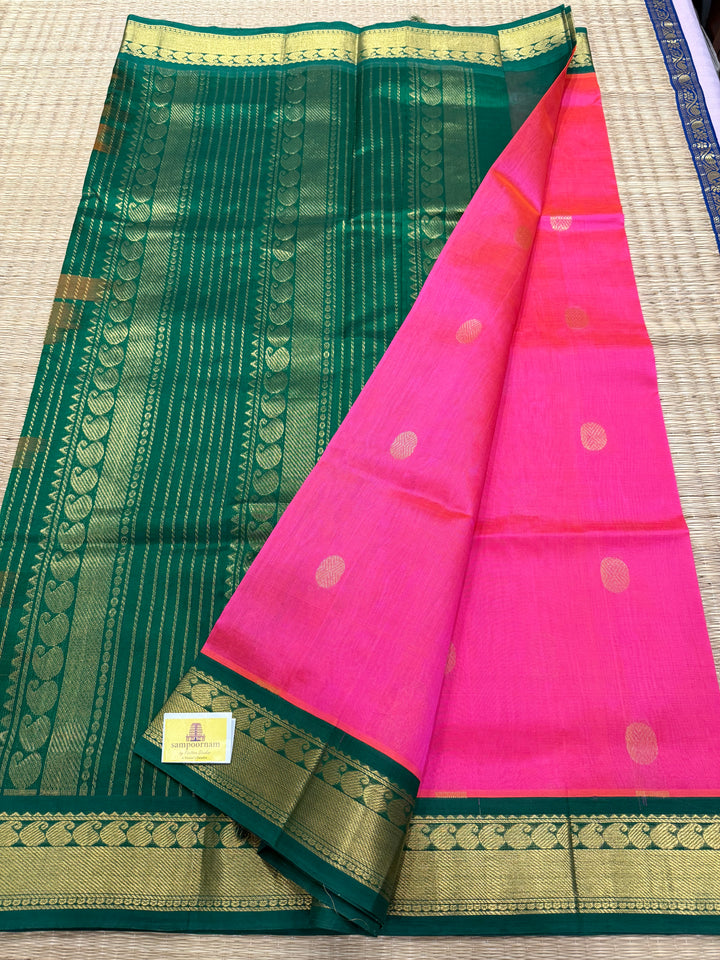Magenta with Green rich body butta , traditional borders and rich  Pallu Korvai Silk Cotton Saree