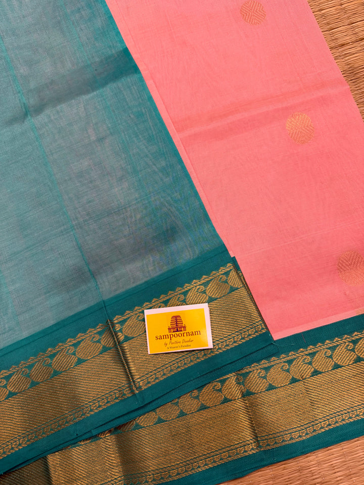Baby Pink with Turquoise Blue rich body butta , traditional borders and rich  Pallu Korvai Silk Cotton Saree