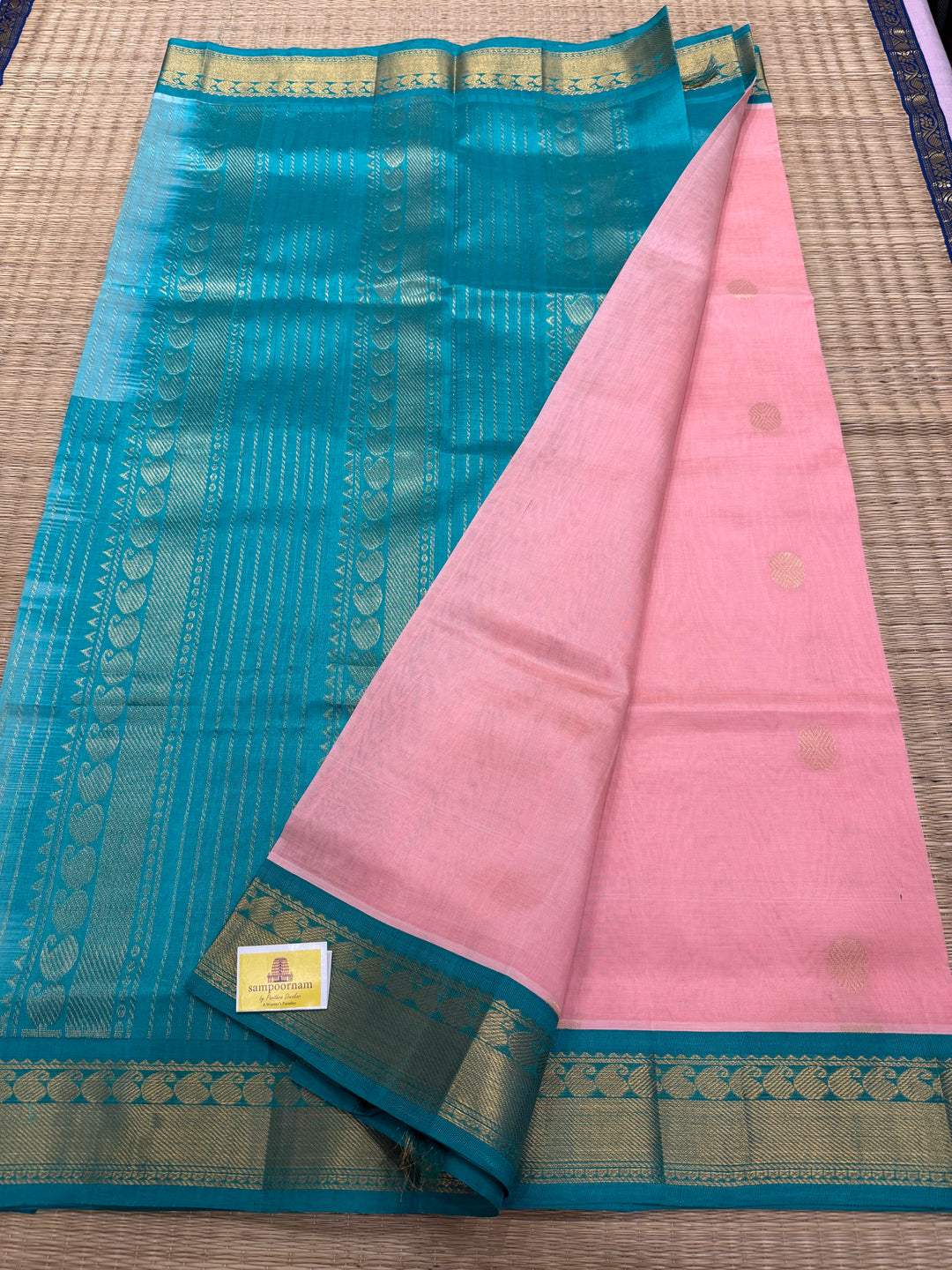 Baby Pink with Turquoise Blue rich body butta , traditional borders and rich  Pallu Korvai Silk Cotton Saree