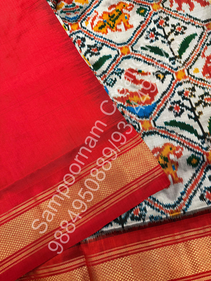 A Classic Steel Grey with Red saree with rich traditional border and Pochampally designs all over body and Grand Palllu , Pochampally Pure Silk Saree