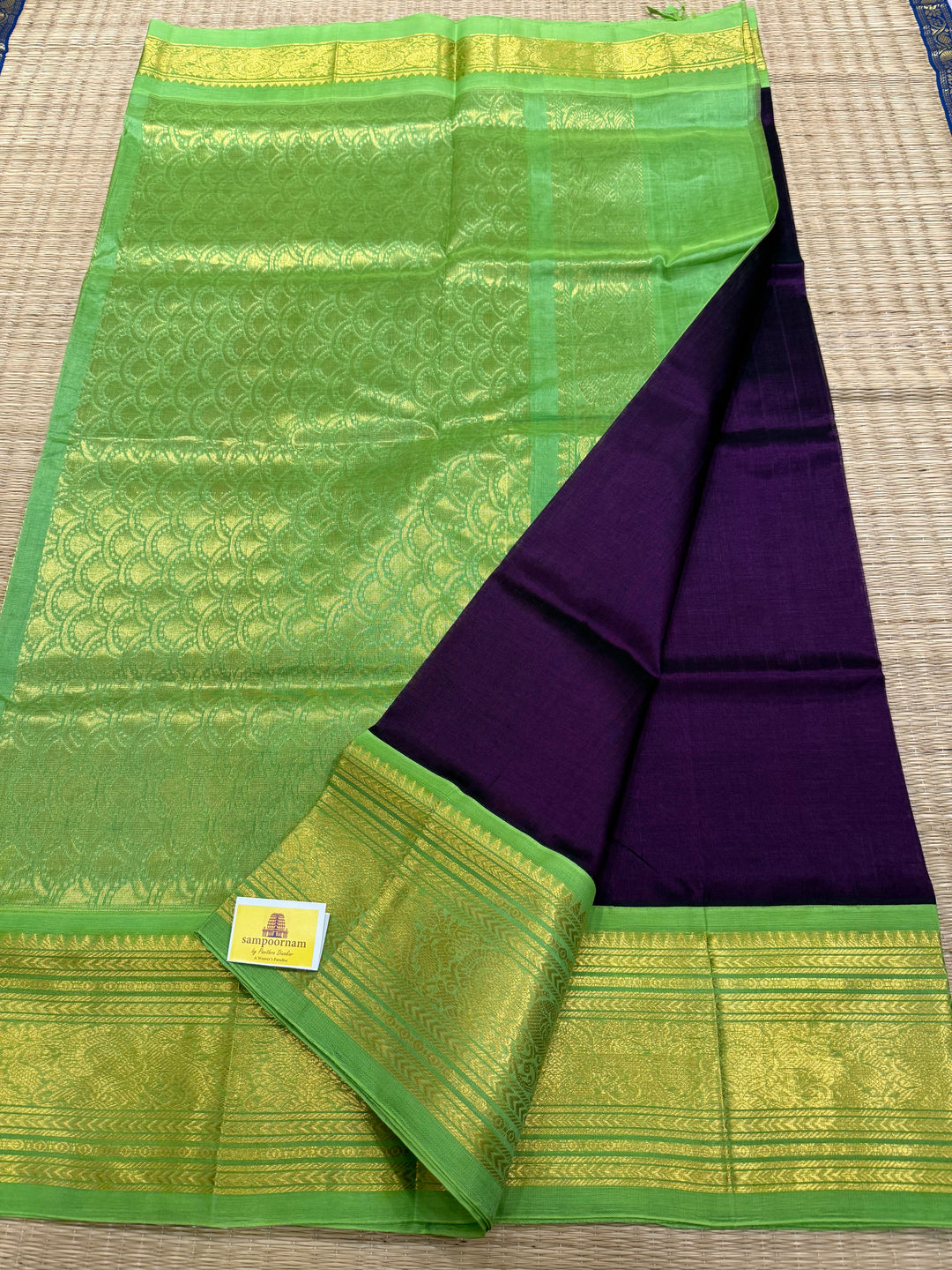 Brinjal Purple with Light Green rich Kanchi one side big border and grand Pallu Korvai Silk Cotton Saree