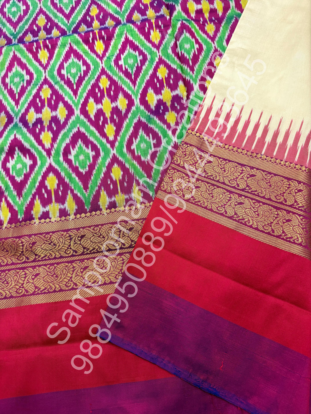 White , Ganga Jamuna Kanchi rich border and Ikkat Pallu with designer Ikkat printed blouse , Pochampally Pure Silk Saree