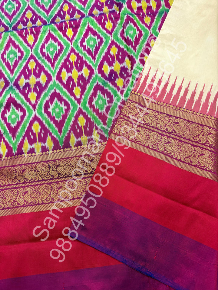 White , Ganga Jamuna Kanchi rich border and Ikkat Pallu with designer Ikkat printed blouse , Pochampally Pure Silk Saree