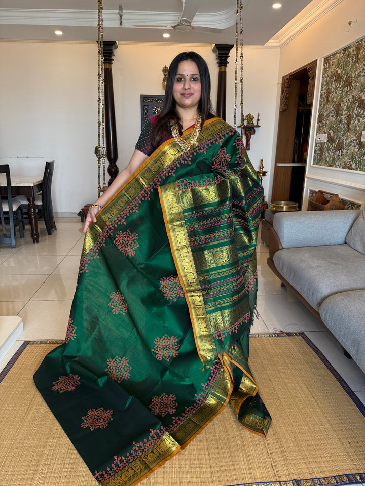 Dark Green with Mustard Selvedge Kolam Handblock Printed Silk Cotton Saree