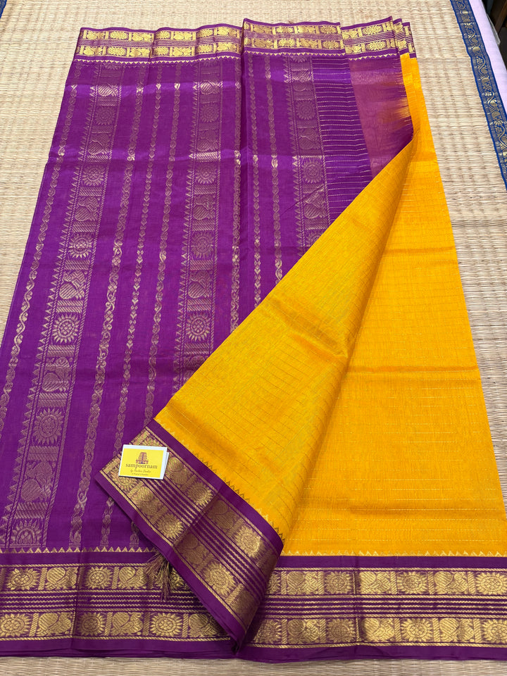 Mambazha Manjal with Purple , rich Zari checks in the body ,rettapet border and grand Pallu Korvai Silk Cotton Sareeb