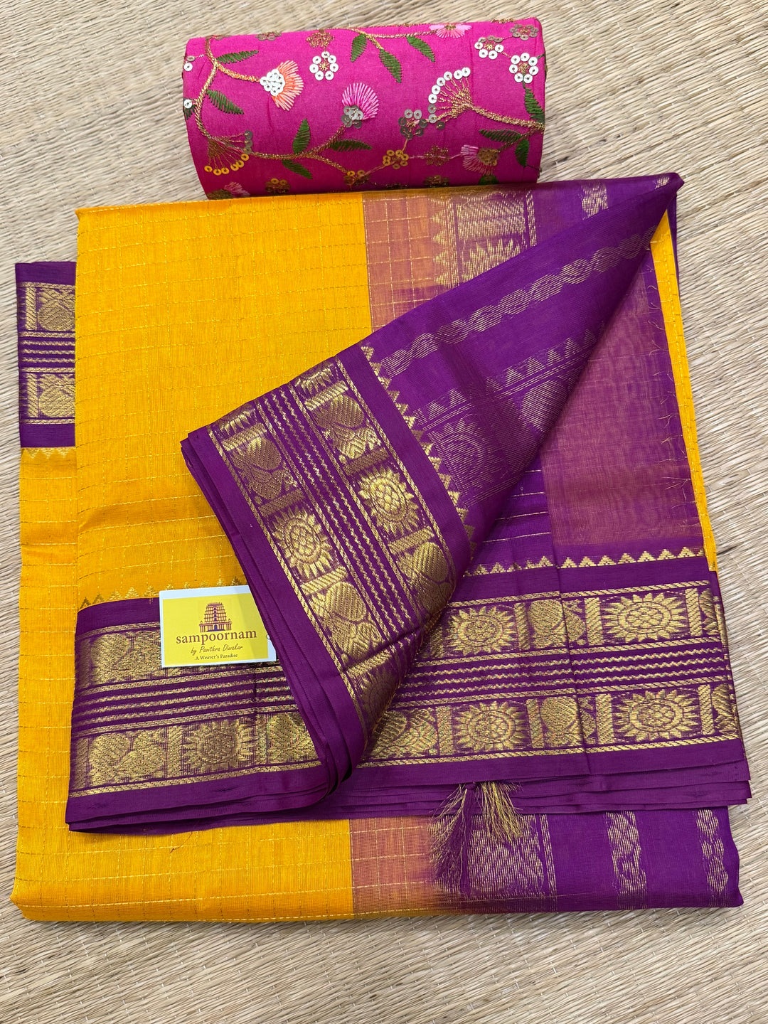 Mambazha Manjal with Purple , rich Zari checks in the body ,rettapet border and grand Pallu Korvai Silk Cotton Sareeb