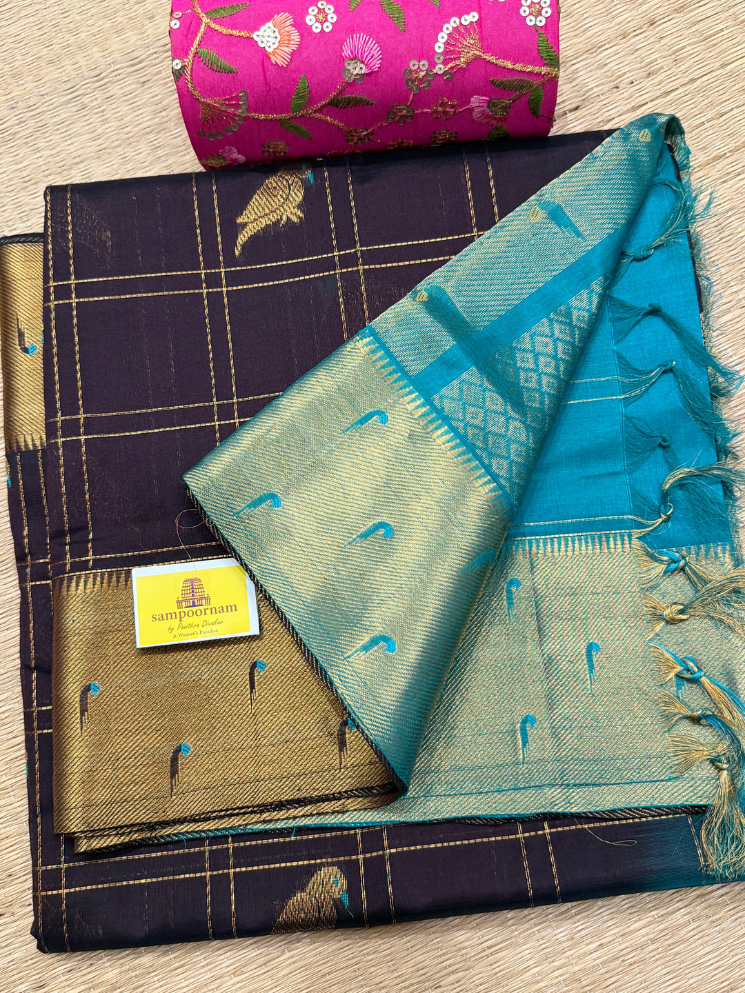 Brown with Turquoise Blue , Paithani borders , parrot motifs in the body , rich Pallu Korvai Silk Cotton Saree
