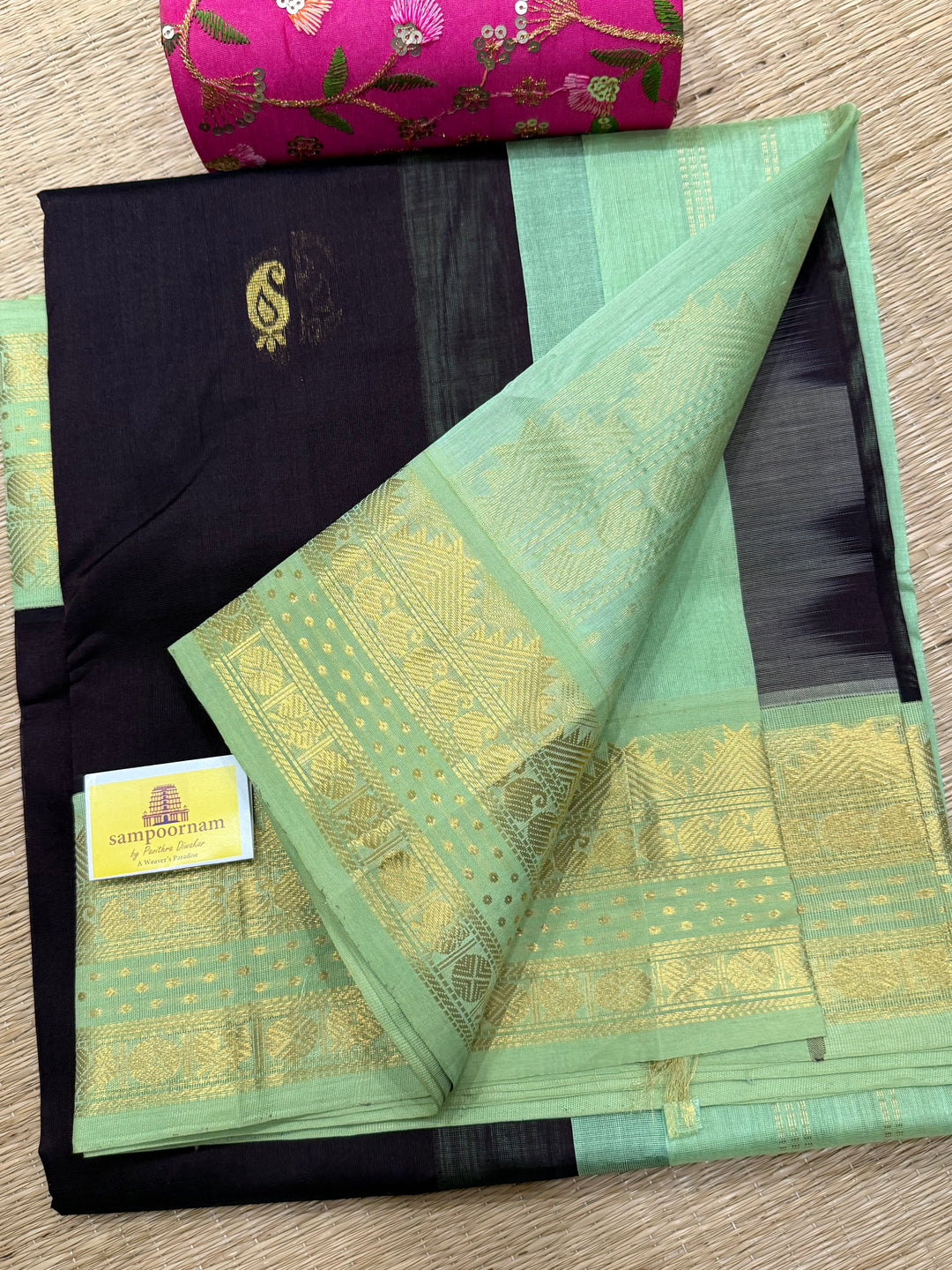 Dark Brown with Pastel Green , Lakshadeepam borders and rich Pallu , Zari butta in the body Korvai Silk Cotton Saree