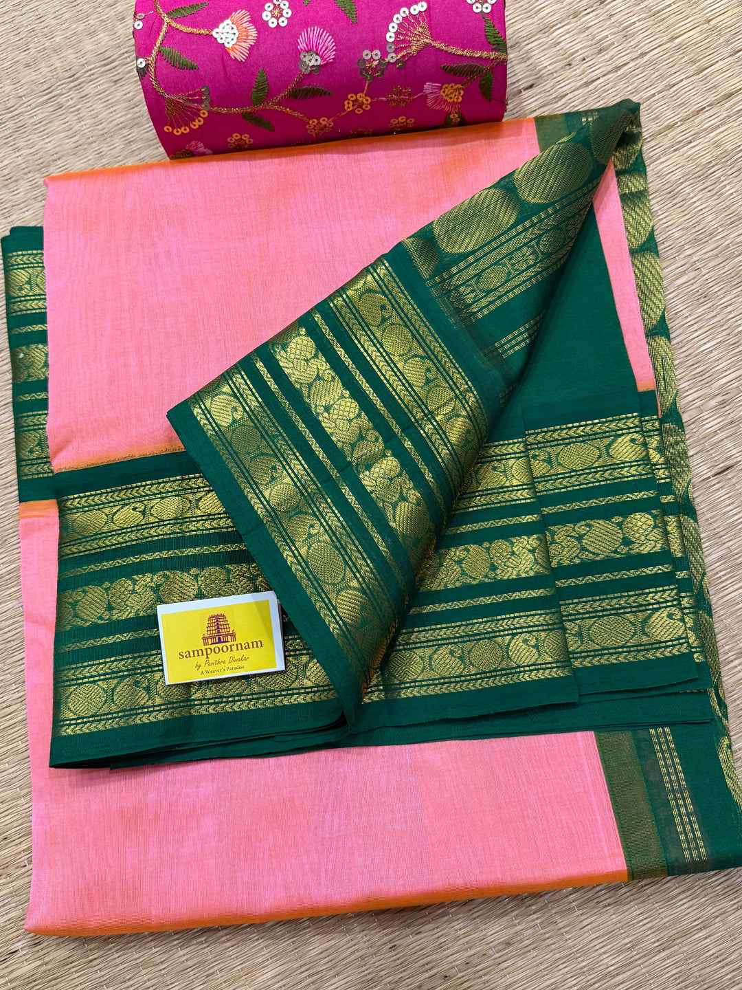 Pink with Green , rich Kanchi borders and grand  Pallu Korvai Silk Cotton Saree