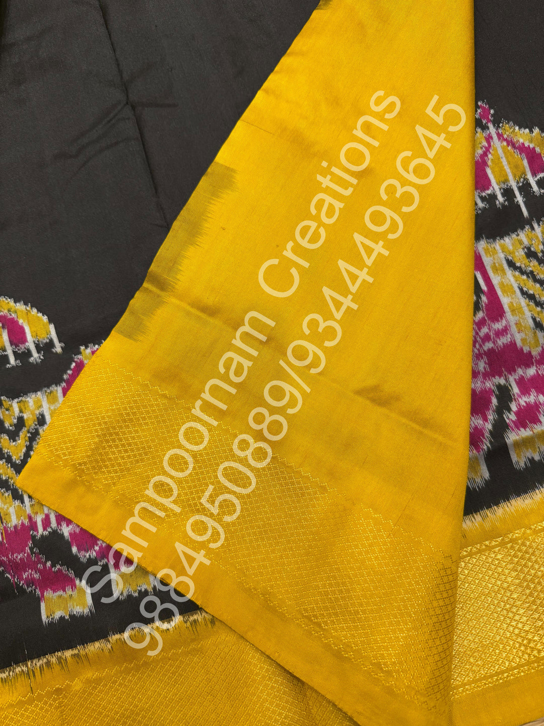 A traditional Black and Mustard combo with Majestic Elephants prints on one side border with traditional border and rich Pallu Pure Pochampally Silk Saree