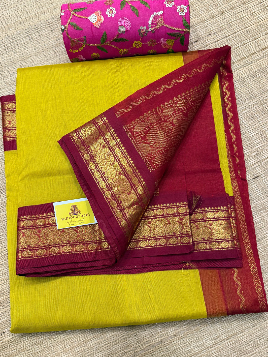 Dark Yellow with Red , traditional borders and rich  Pallu Korvai Silk Cotton Saree