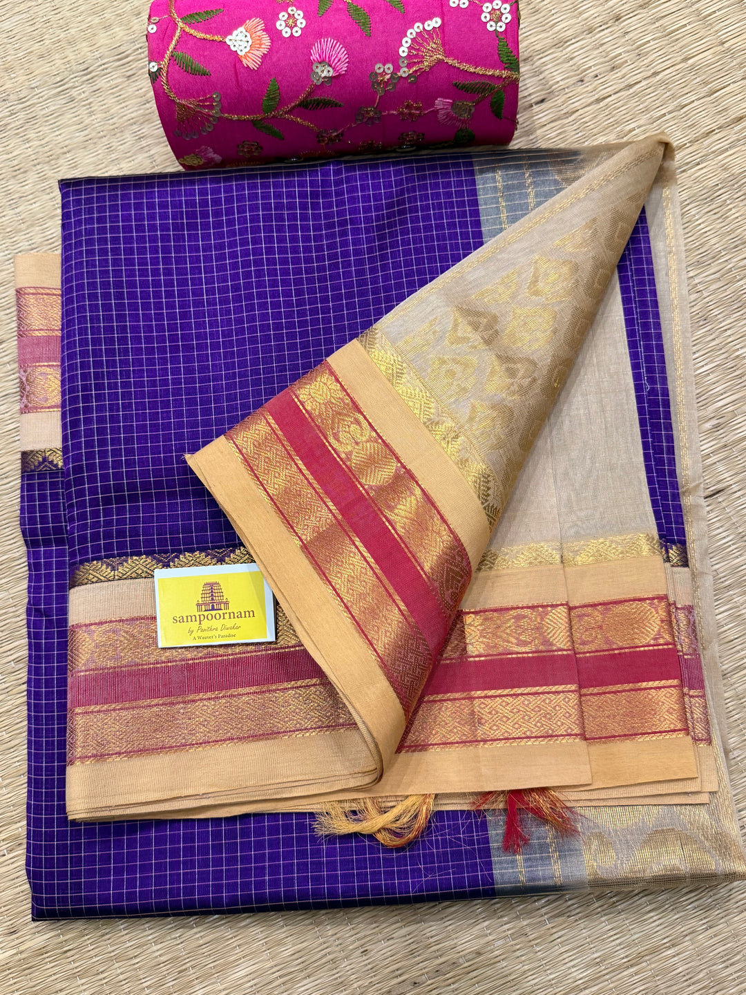 Purple with Biscuit colour , body kattam , traditional borders and rich Pallu Korvai Silk Cotton Saree