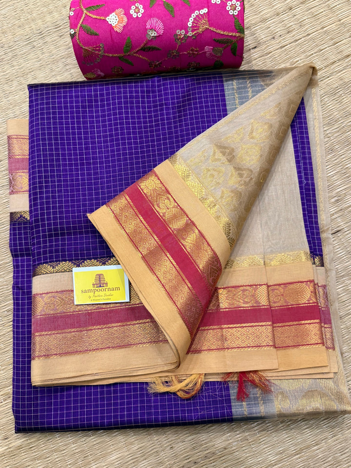 Purple with Biscuit colour , body kattam , traditional borders and rich Pallu Korvai Silk Cotton Saree
