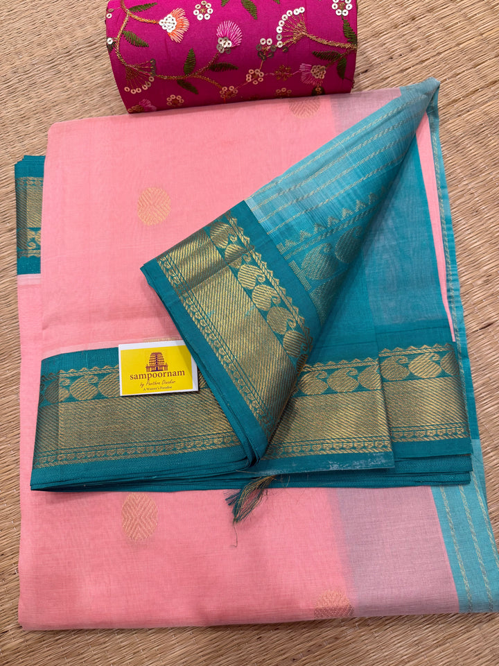 Baby Pink with Turquoise Blue rich body butta , traditional borders and rich  Pallu Korvai Silk Cotton Saree