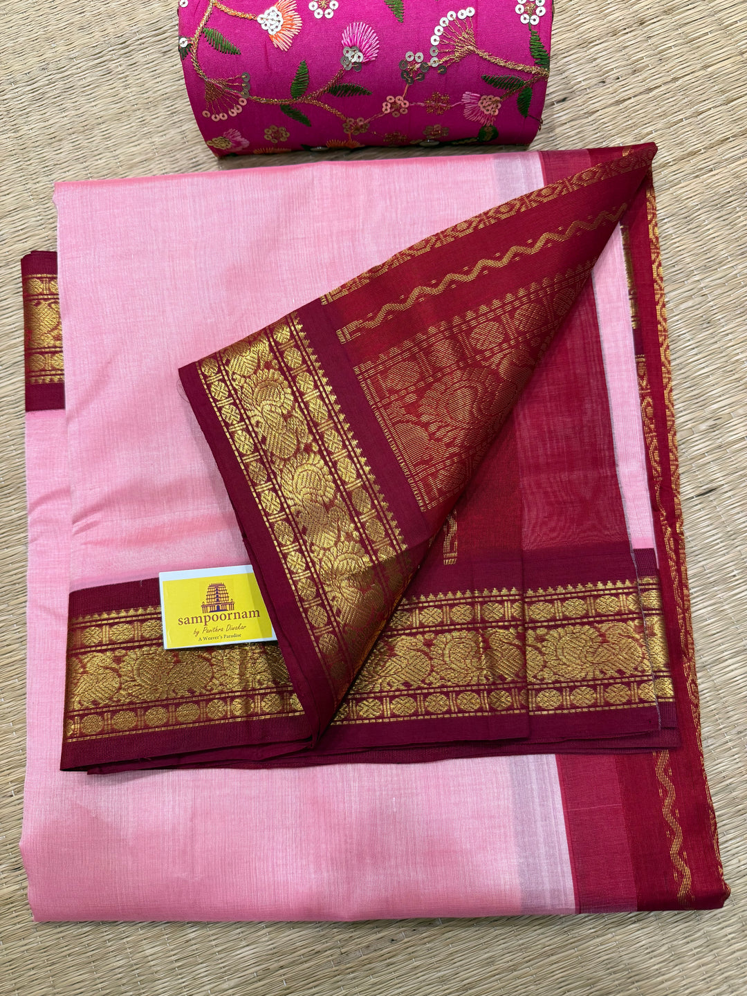 Onion Pink with Araku Traditional Borders and Rich Pallu , Korvai Silk Cotton Saree