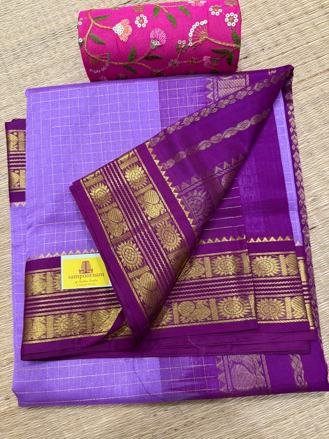 Lavender with Magenta, rich Zari checks in the body ,rettapet border and grand Pallu Korvai Silk Cotton Saree