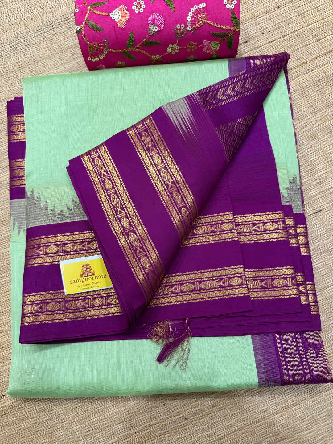 Pastel Green with Purple , rettapet temple border and rich Pallu Korvai Silk Cotton Saree
