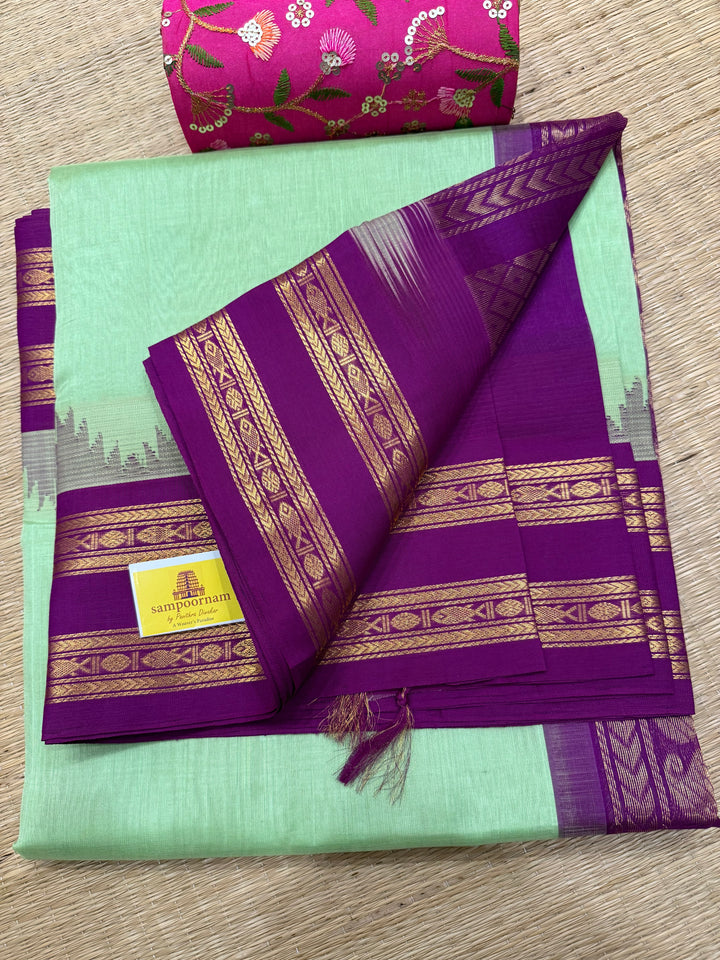 Pastel Green with Purple , rettapet temple border and rich Pallu Korvai Silk Cotton Saree