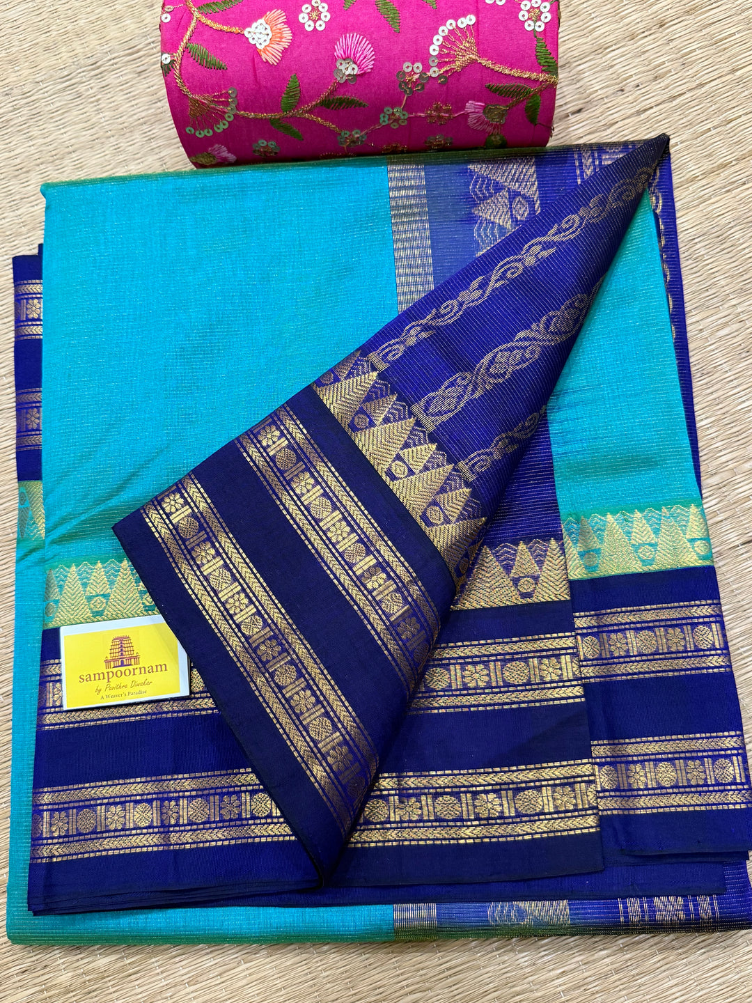 Ramar Blue with Blue  Vairaoosi Zari Lines in the body traditional borders and rich pallu korvai silk cotton saree