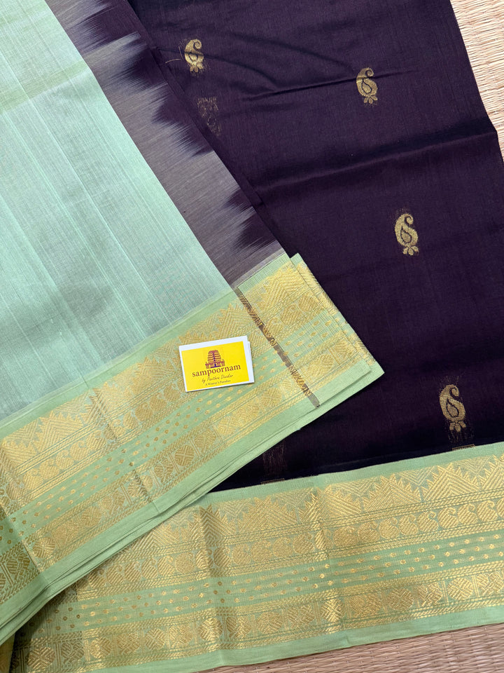 Dark Brown with Pastel Green , Lakshadeepam borders and rich Pallu , Zari butta in the body Korvai Silk Cotton Saree