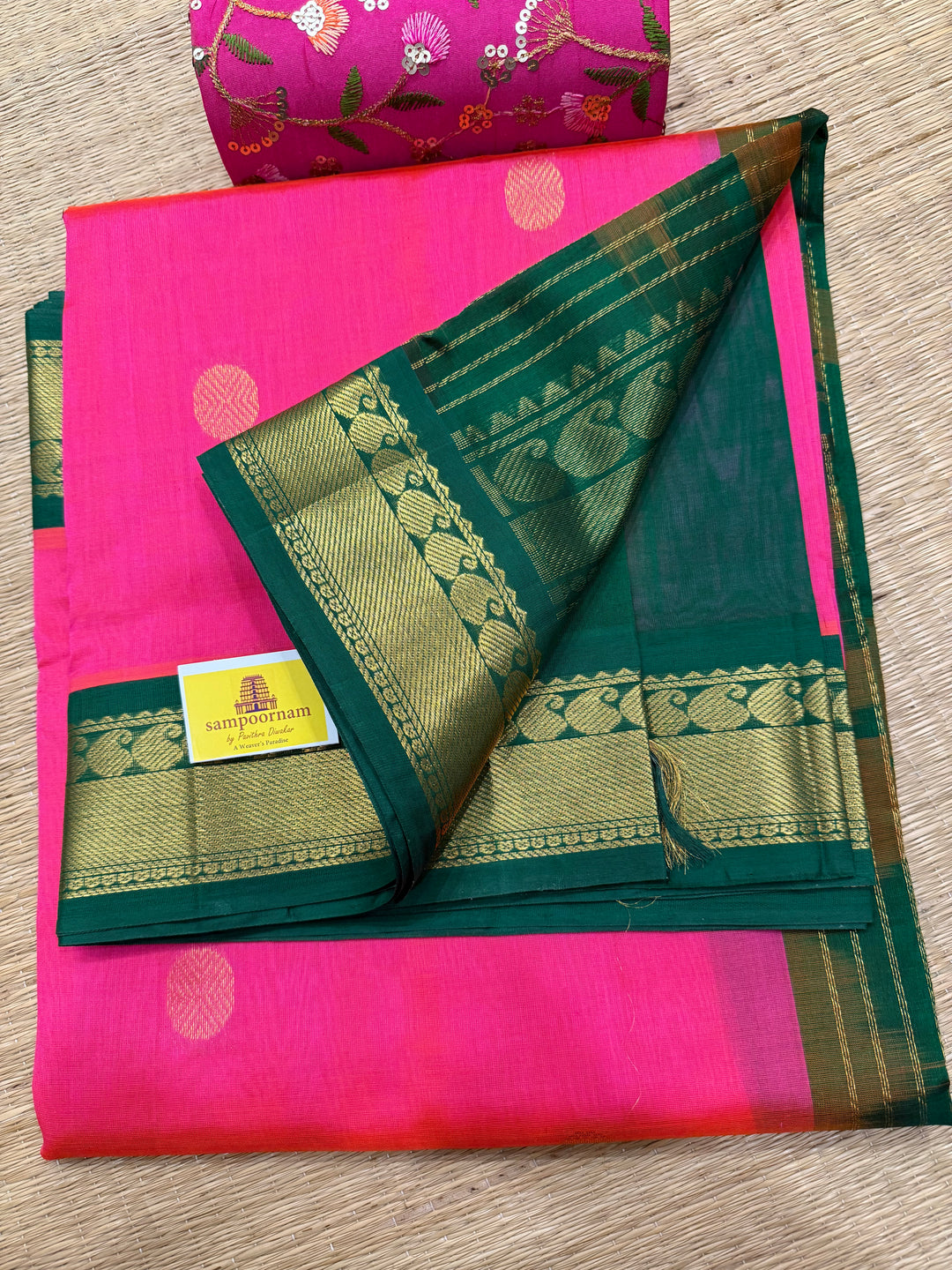 Magenta with Green rich body butta , traditional borders and rich  Pallu Korvai Silk Cotton Saree