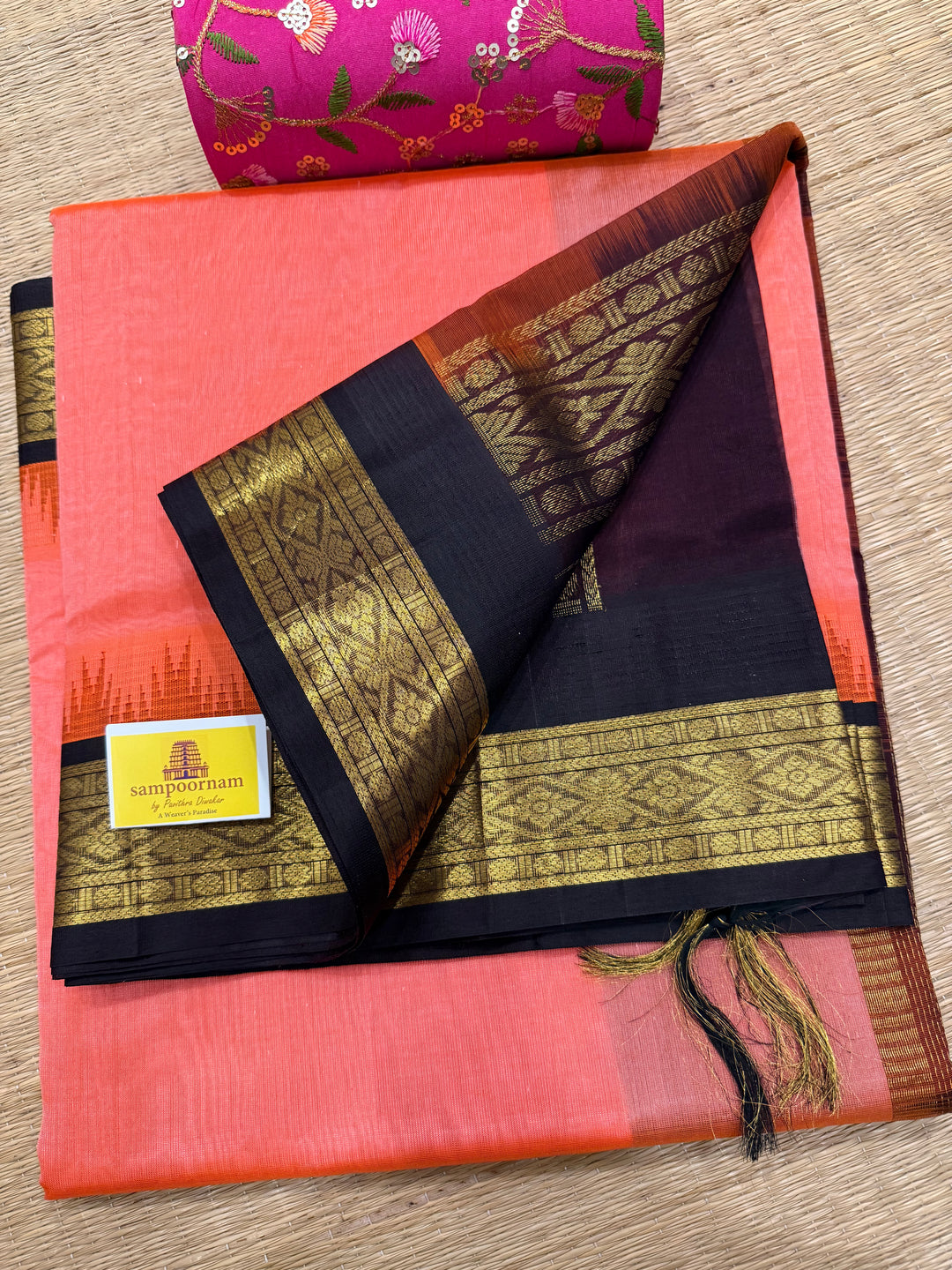 Kanakambaram with Brown  Vairaoosi Zari Lines in the body traditional borders and rich pallu korvai silk cotton saree