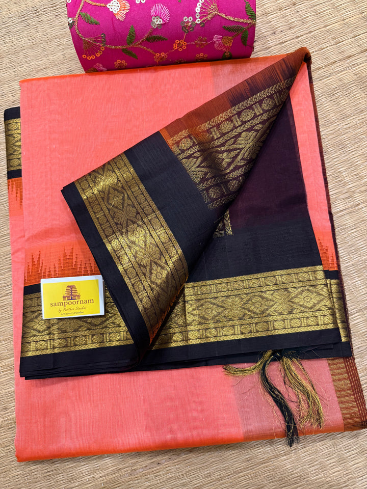 Kanakambaram with Brown  Vairaoosi Zari Lines in the body traditional borders and rich pallu korvai silk cotton saree