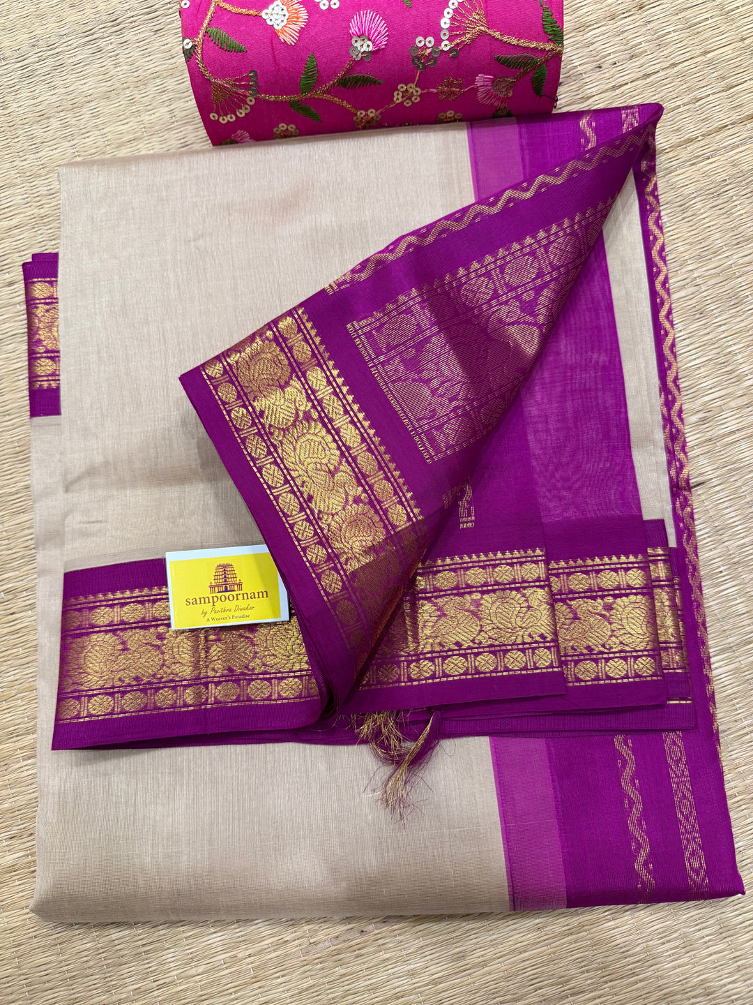Beige with Magenta Traditional Borders and Rich Pallu , Korvai Silk Cotton Saree