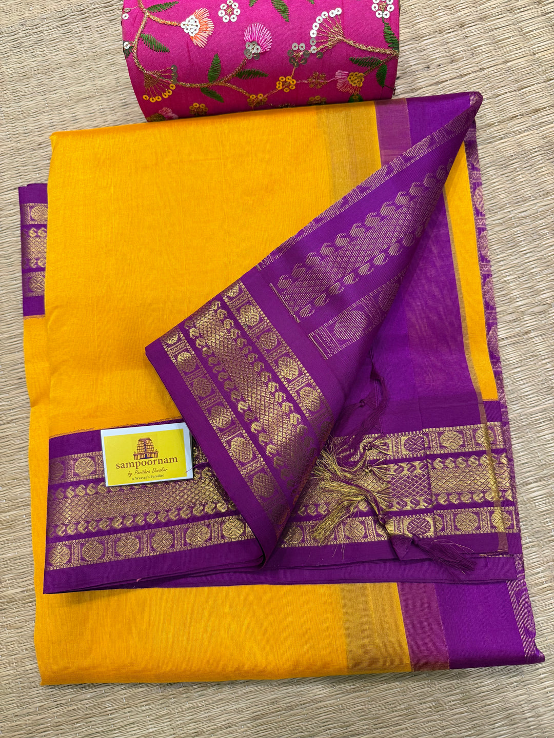 Mambazha Manjal with Purple , traditional borders and , rich Pallu Korvai Silk Cotton Saree