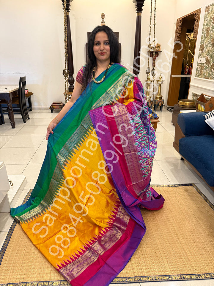Dark Yellow , Ganga Jamuna Kanchi rich border and Ikkat Pallu with designer Ikkat  printed Blouse , Pochampally Pure Silk Saree