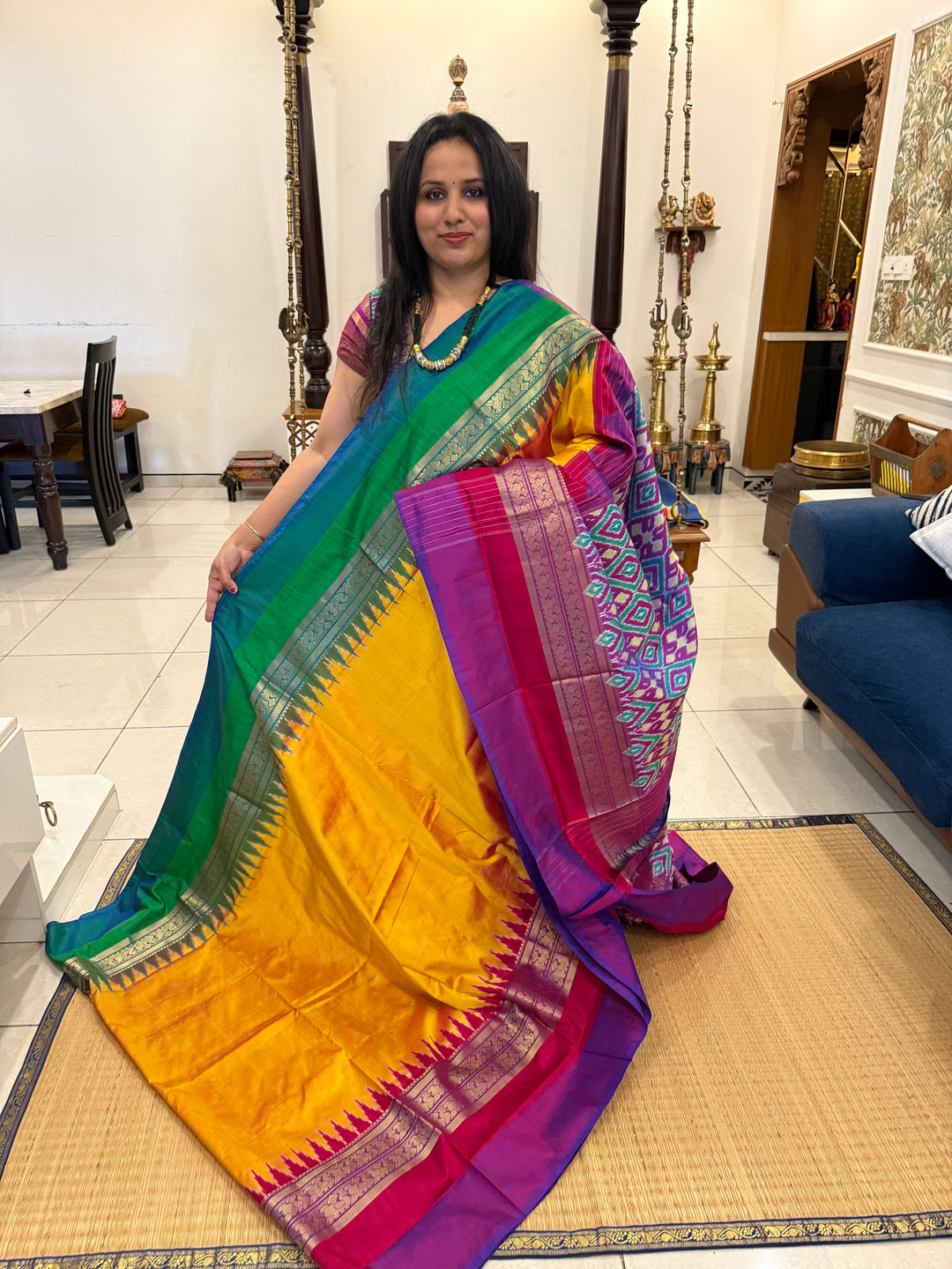 Dark Yellow , Ganga Jamuna Kanchi rich border and Ikkat Pallu with designer Ikkat  printed Blouse , Pochampally Pure Silk Saree