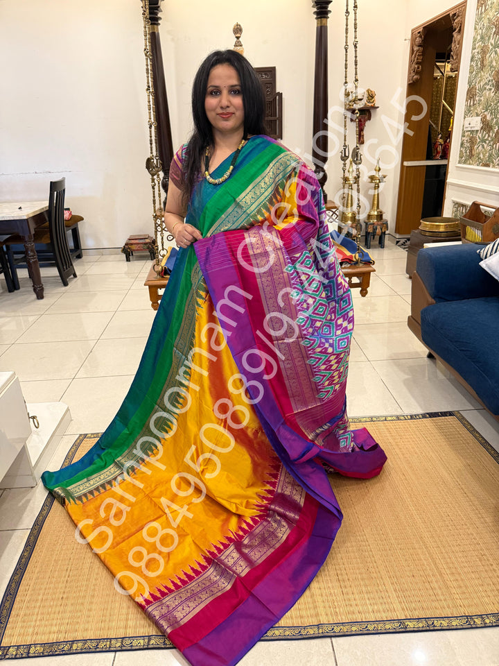 Dark Yellow , Ganga Jamuna Kanchi rich border and Ikkat Pallu with designer Ikkat  printed Blouse , Pochampally Pure Silk Saree