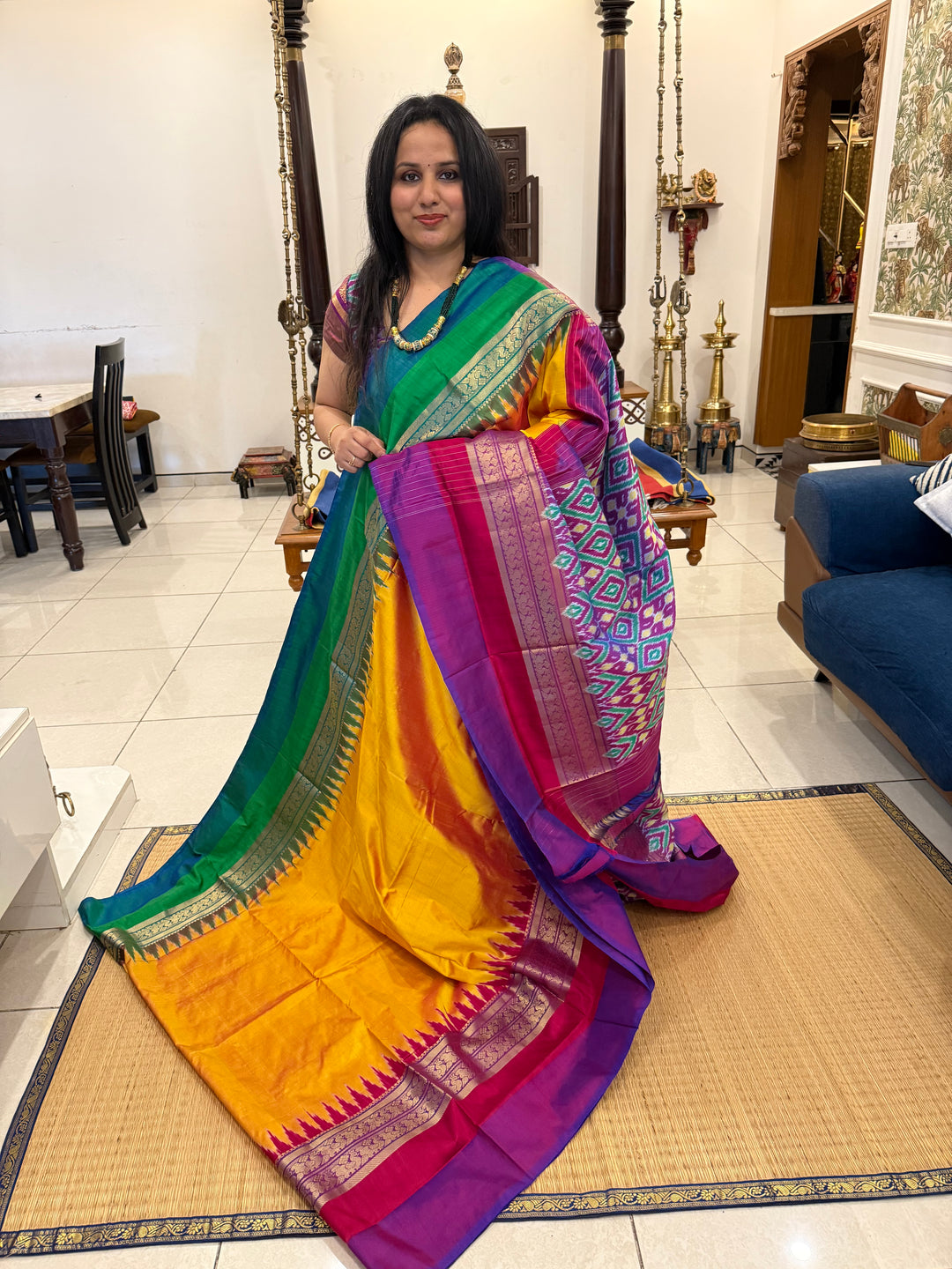 Dark Yellow , Ganga Jamuna Kanchi rich border and Ikkat Pallu with designer Ikkat  printed Blouse , Pochampally Pure Silk Saree