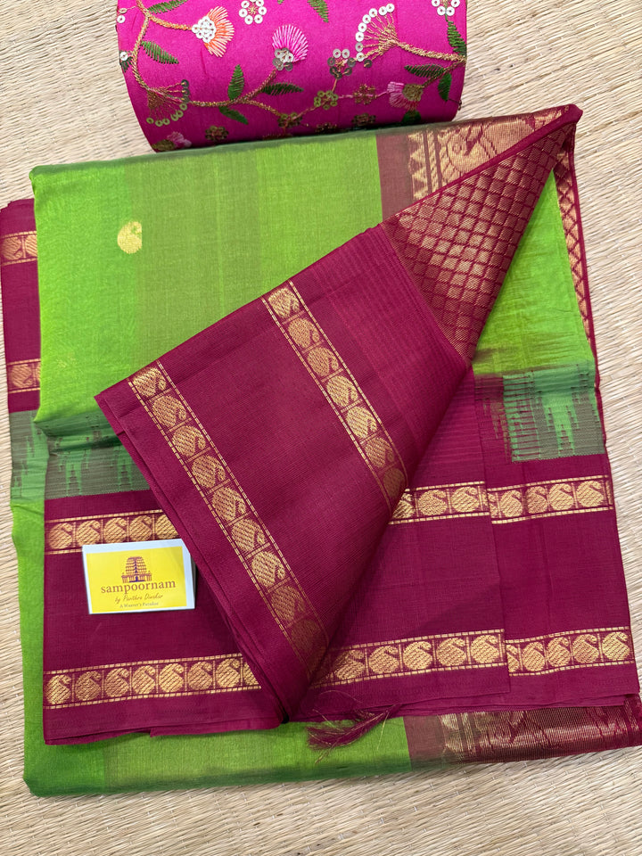 Green with Araku , mango butta in the body , retttapet traditional temple border and rich Pallu Korvai Silk Cotton Saree