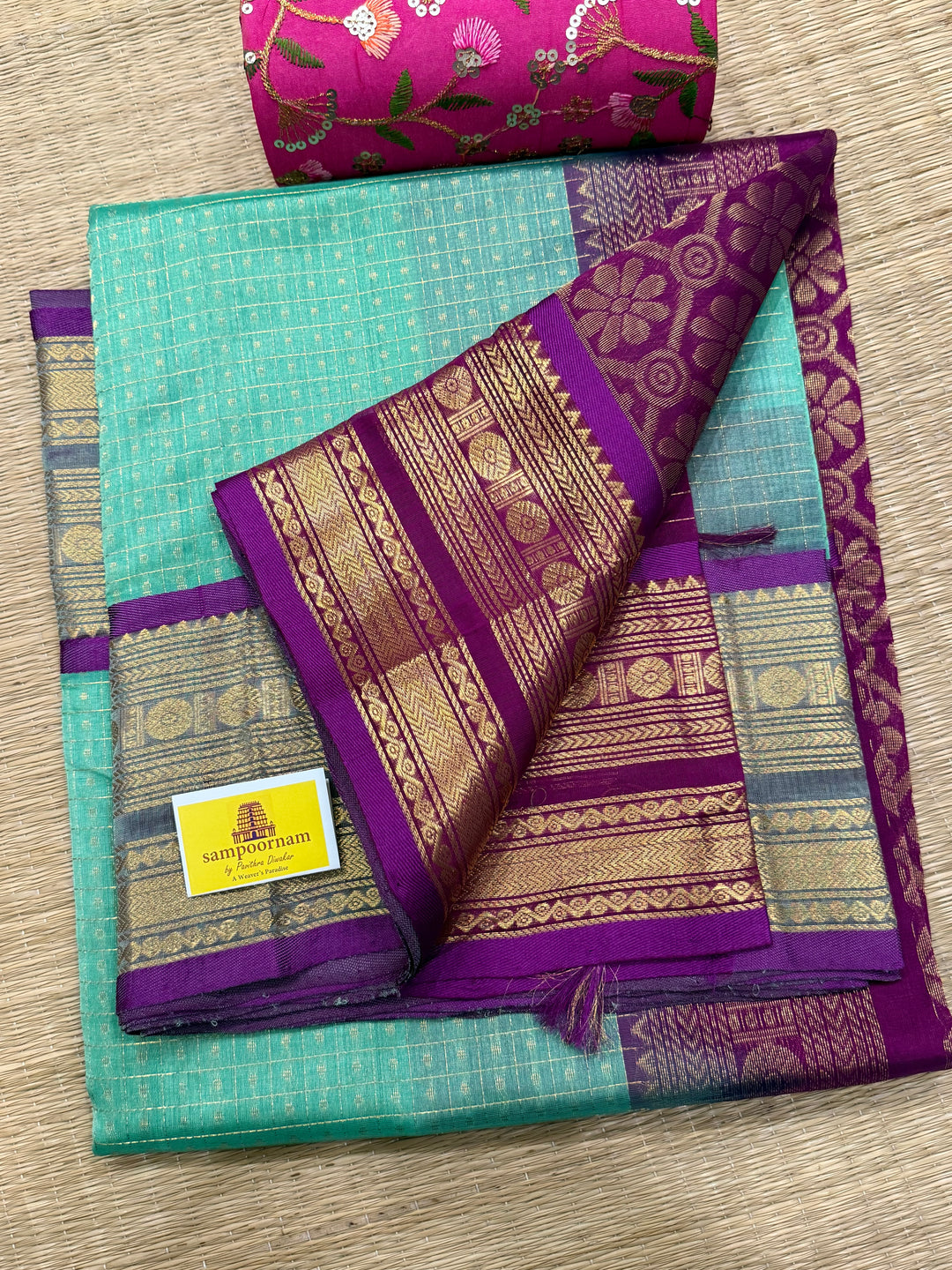 Pastel Green with Purple , Lakshadeepam Zari butta in the body , traditional borders and rich Pallu Silk Cotton Saree