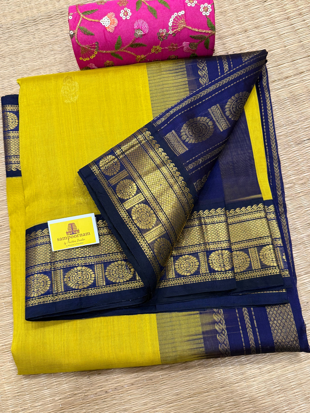 Lemon Yellow with Blue , rich body butta , traditional borders and rich  Pallu Korvai Silk Cotton Saree