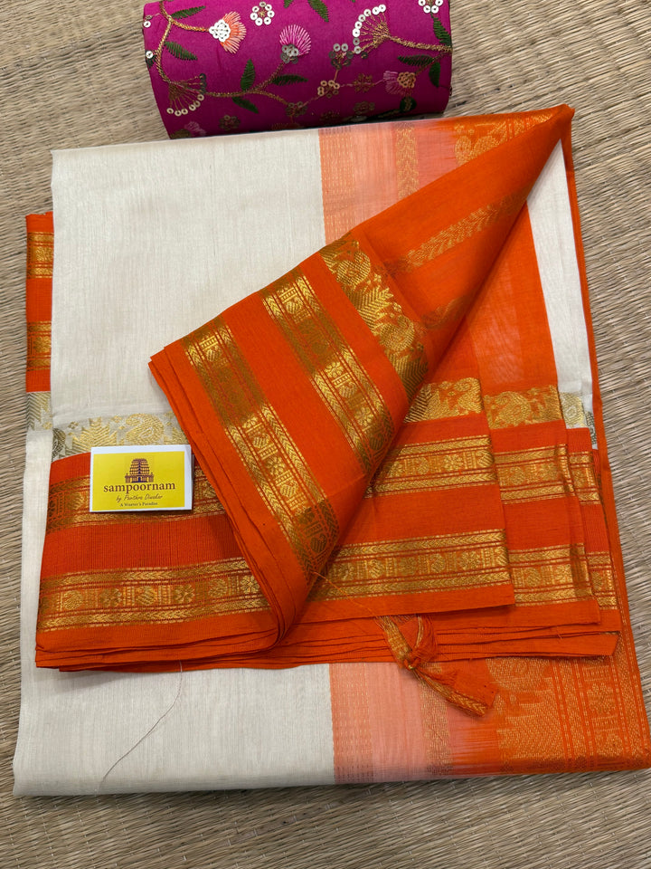 Offwhite with Orange , rettapet traditional border rich Pallu Korvai Silk Cotton Saree