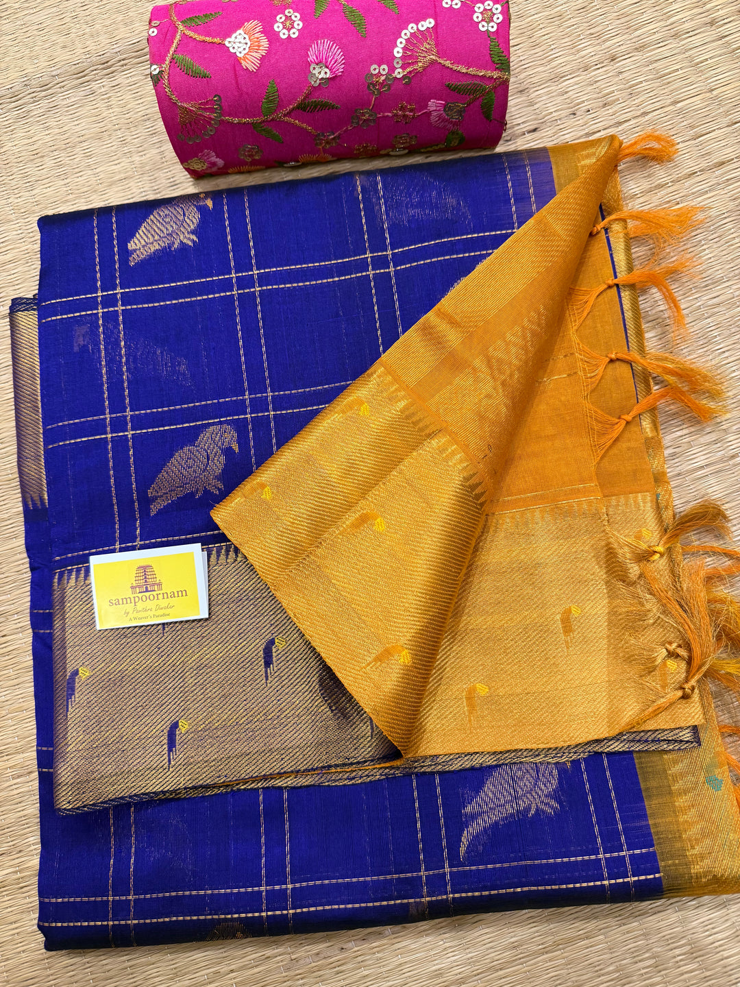 Blue with Mustard  Paithani  borders , parrot motifs in the body ,rich Pallu Korvai Silk Cotton Saree