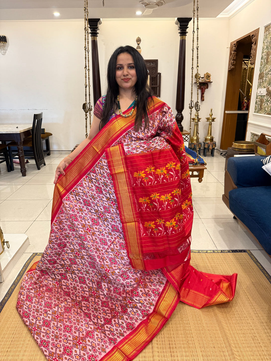 A Classic Pastel Pink saree with rich traditional border and Pochampally designs all over body and Grand Pallu , Pochampally Pure Silk Saree