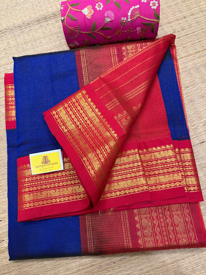 Royal Blue with Red  Vairaoosi Zari Lines in the body traditional borders and rich pallu korvai silk cotton saree