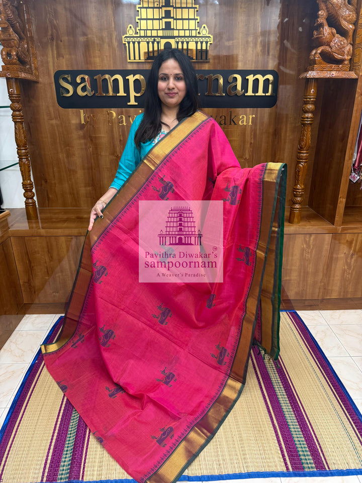Pink with Green  ,Terracotta Horse Handblock printed Sillk Cotton Saree