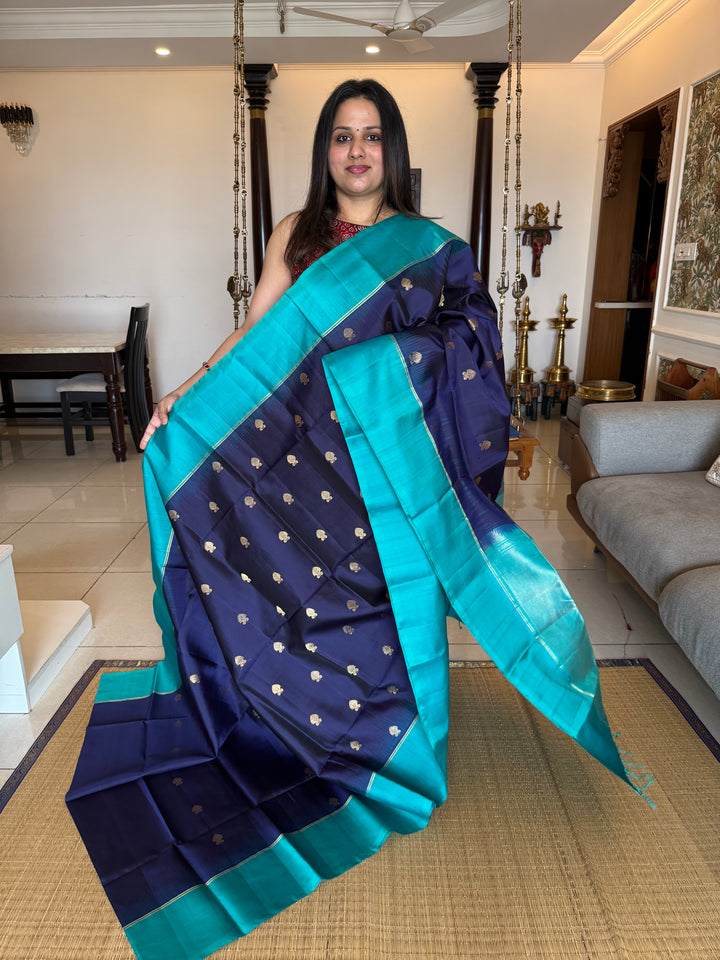 Dark Blue with Light Blue, Zari Rich Floral Motifs in the Body, Rich Pallu Pure Soft Silk Saree
