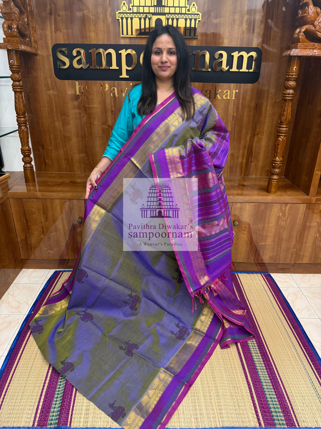 Double Shaded Lavender with Purple ,Terracotta Horse Handblock printed Sillk Cotton Saree