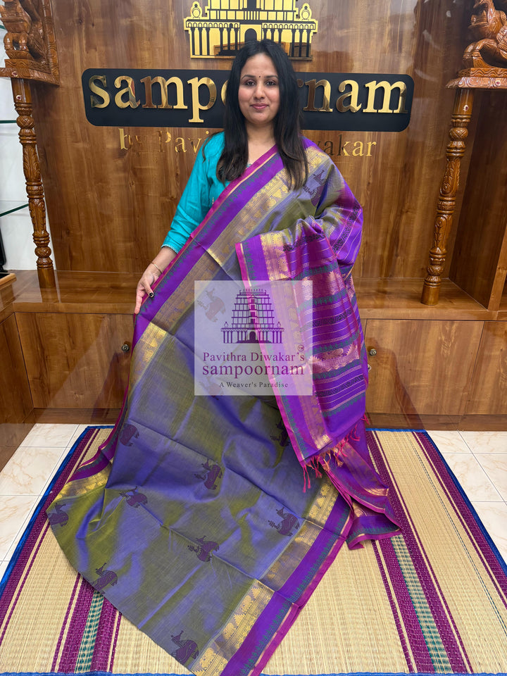 Double Shaded Lavender with Purple ,Terracotta Horse Handblock printed Sillk Cotton Saree
