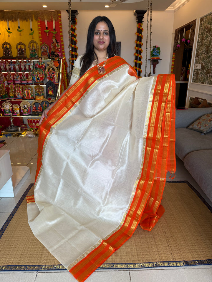 Offwhite with Orange , rettapet traditional border rich Pallu Korvai Silk Cotton Saree