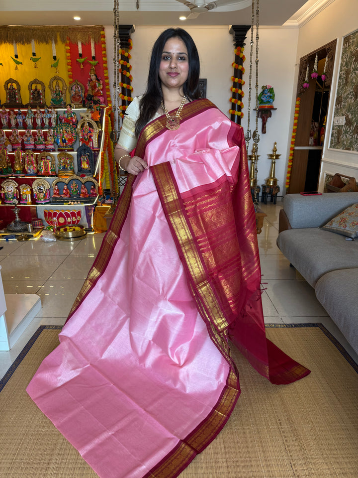 Onion Pink with Araku Traditional Borders and Rich Pallu , Korvai Silk Cotton Saree